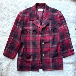 Vintage Western Cowgirl Fringe Wool Plaid Blazer Shacket Jacket Sarah Chapman